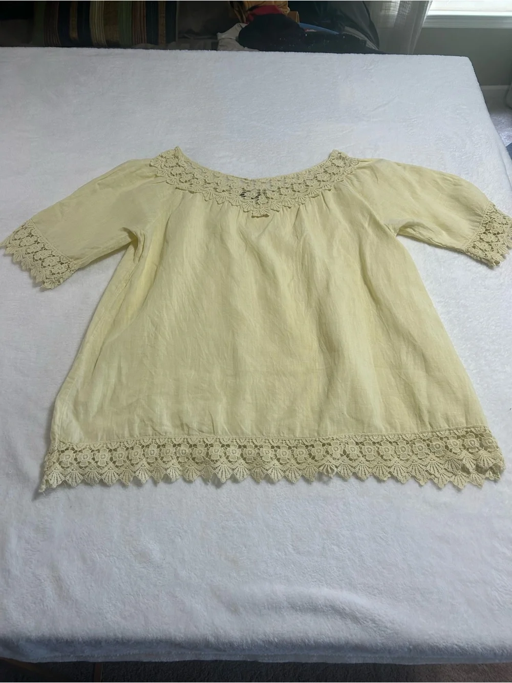 Piazza Roma Yellow Linen Lace Trim Boho Cottagecore Blouse Size L